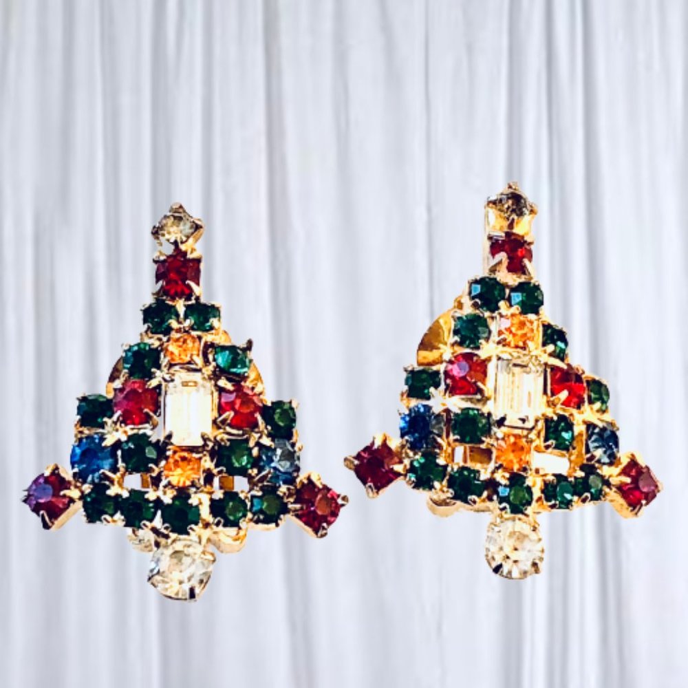 Christmas Tree Clip Earrings Multi-color Rhinestones Goldtone Huggie Tiny